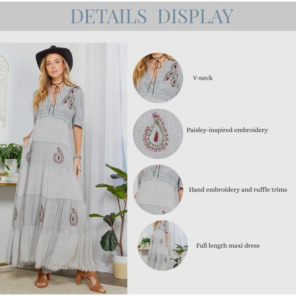 Young Threads Gray Maxi Short Sleeve Maxi Dress Embroidered Boho Cowgirl - Picture 6 of 8